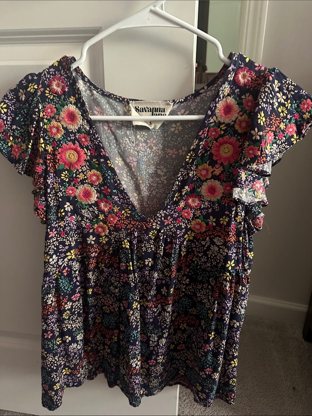 Savanna Jane Navy Floral V-Neck Ruffle Sleeve Top